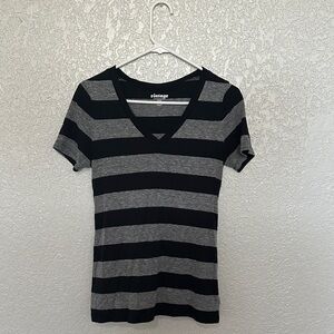 Old Navy Black and Gray Striped V-Neck Tee
